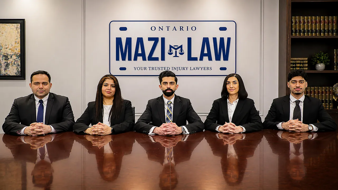تیم صدمات شخصی MAZI LAW در دفتر نورث یورک، زیر لوگوی پلاک انتاریوی موسسه